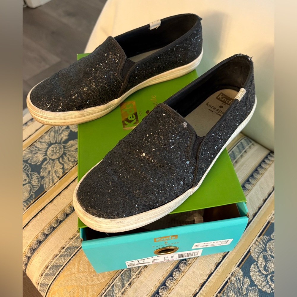 Keds x Kate Spade Women’s Slip On Double Decker Black Glitter Sneakers Size 7.5